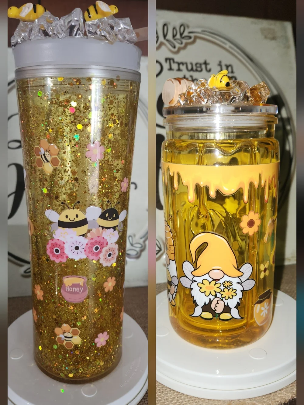 Bee & Honey Glitter Tumbler Duo — Yellow Floral Gnome Accent